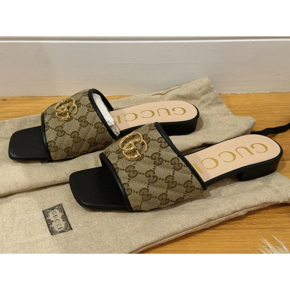 Gucci Jolie GG Marmont Slide Sandals, canvas and leather, Brown & Black, Size 40